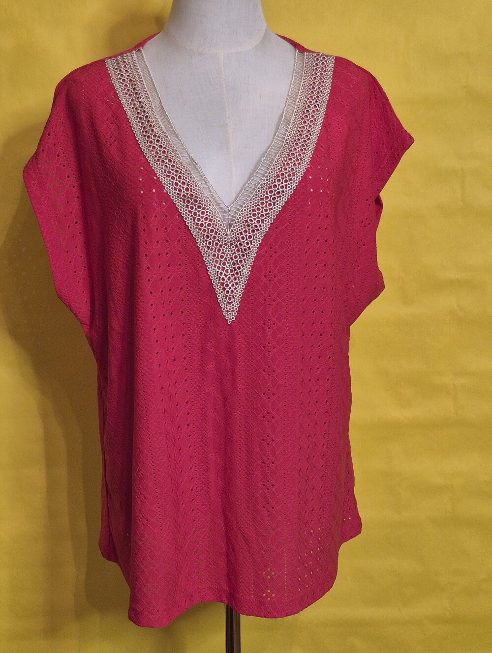 Women's Red V-Neck Lace Trim Top
